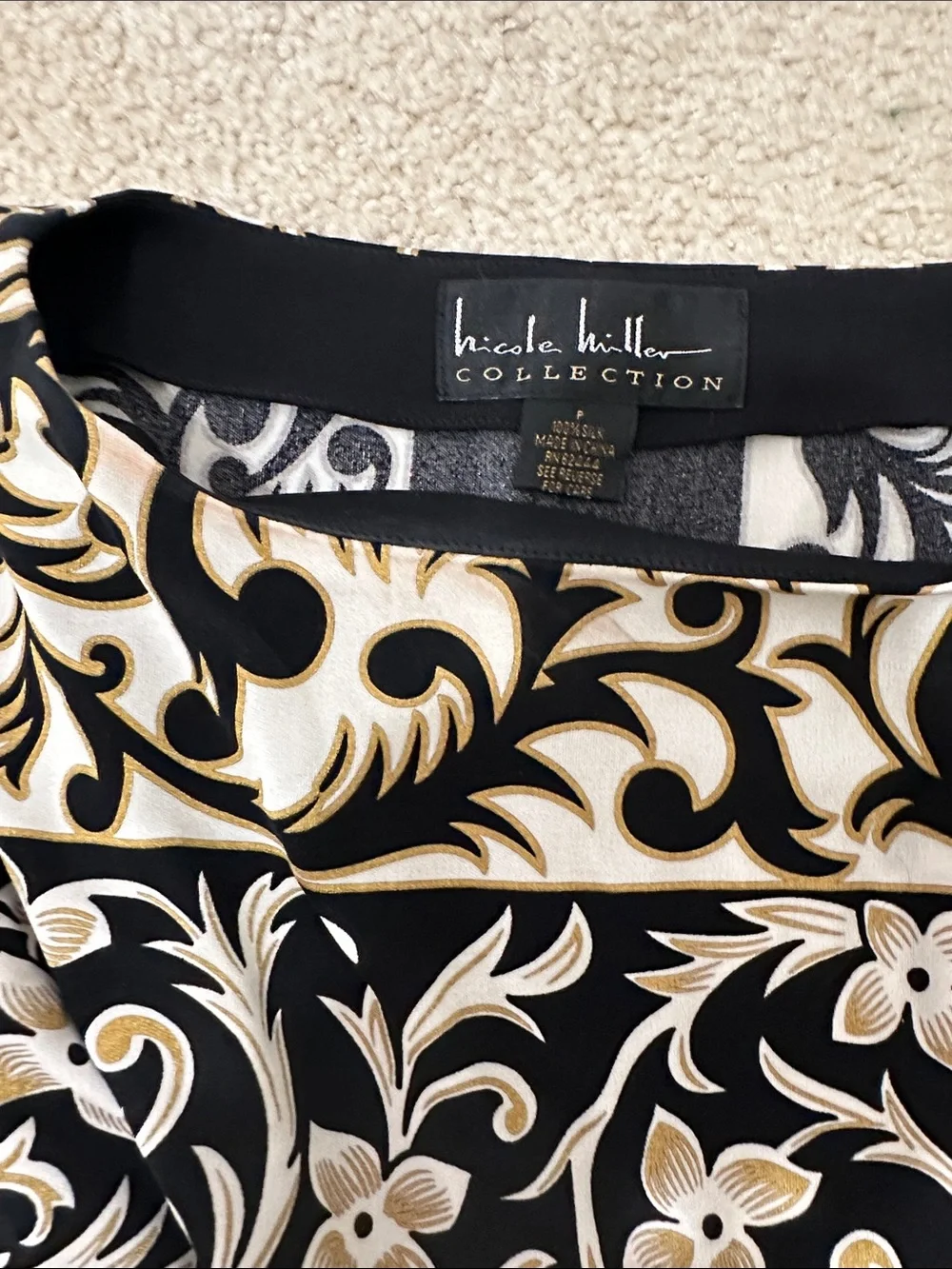 Nicole Miller Black & Cream Floral Scroll Print Women’s dress with Bell sleeve